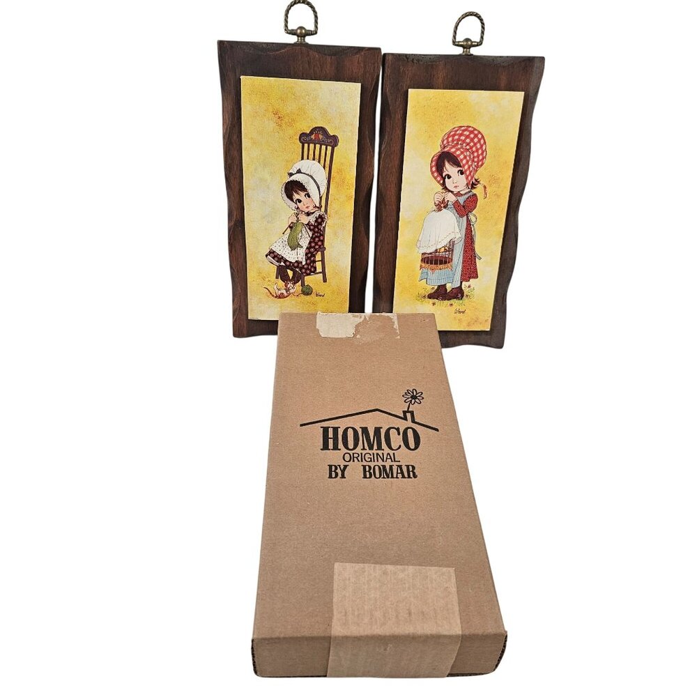 Vintage Homco Country Cousins Wall Plaques Set of 2 Bomar 1259 Stained Wood